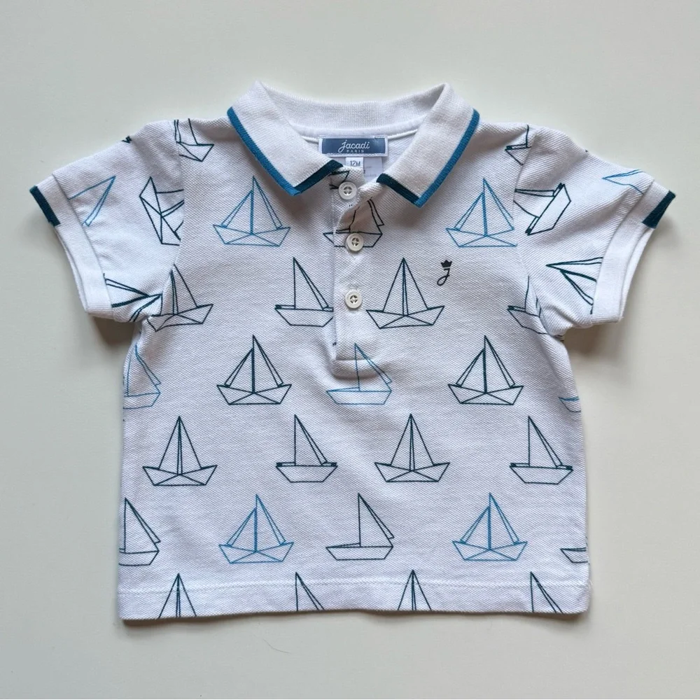 Jacadi Boys White Pique Knit Polo Shirt with Blue Sailboat Print - Size 12M